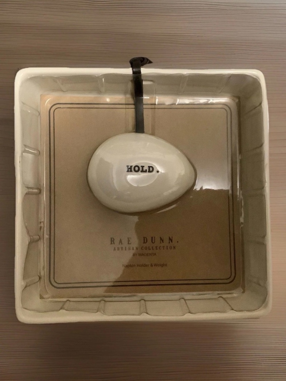 🆕 Rae Dunn Ceramic Napkin Holder with “HOLD” Weight.  Approx 6.5”x 6.5”x2”